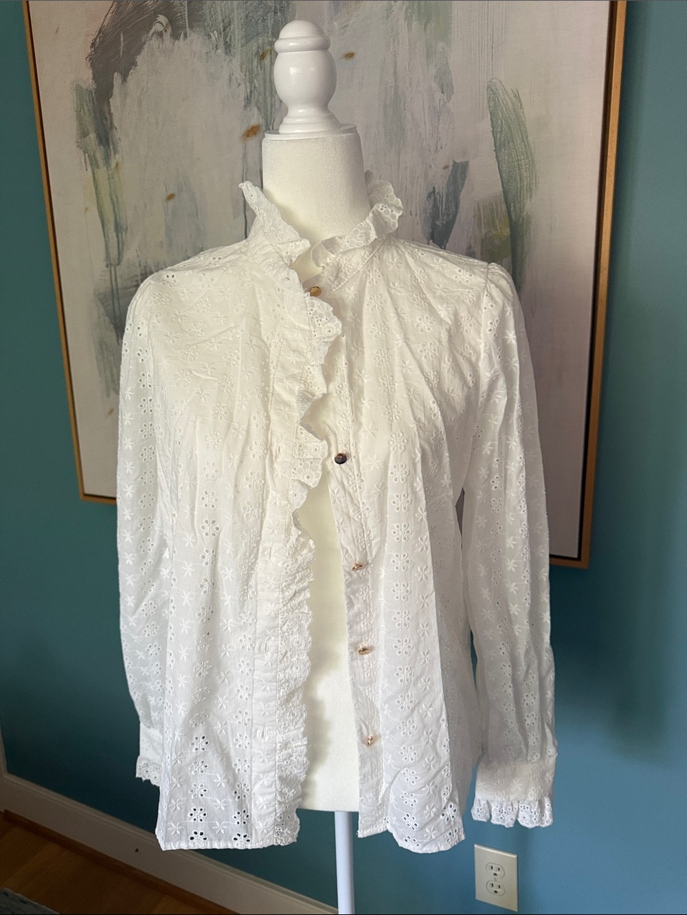 Autres Filles White Eyelet Ruffle Blouse Size L Cottagecore Boho